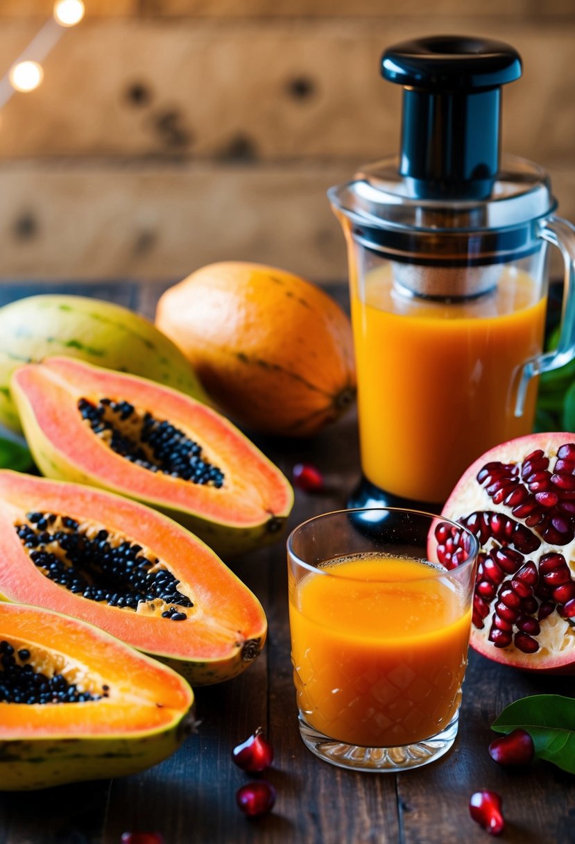 A table filled with fresh papayas and pomegranates, a juicer, and a glass of vibrant orange potion