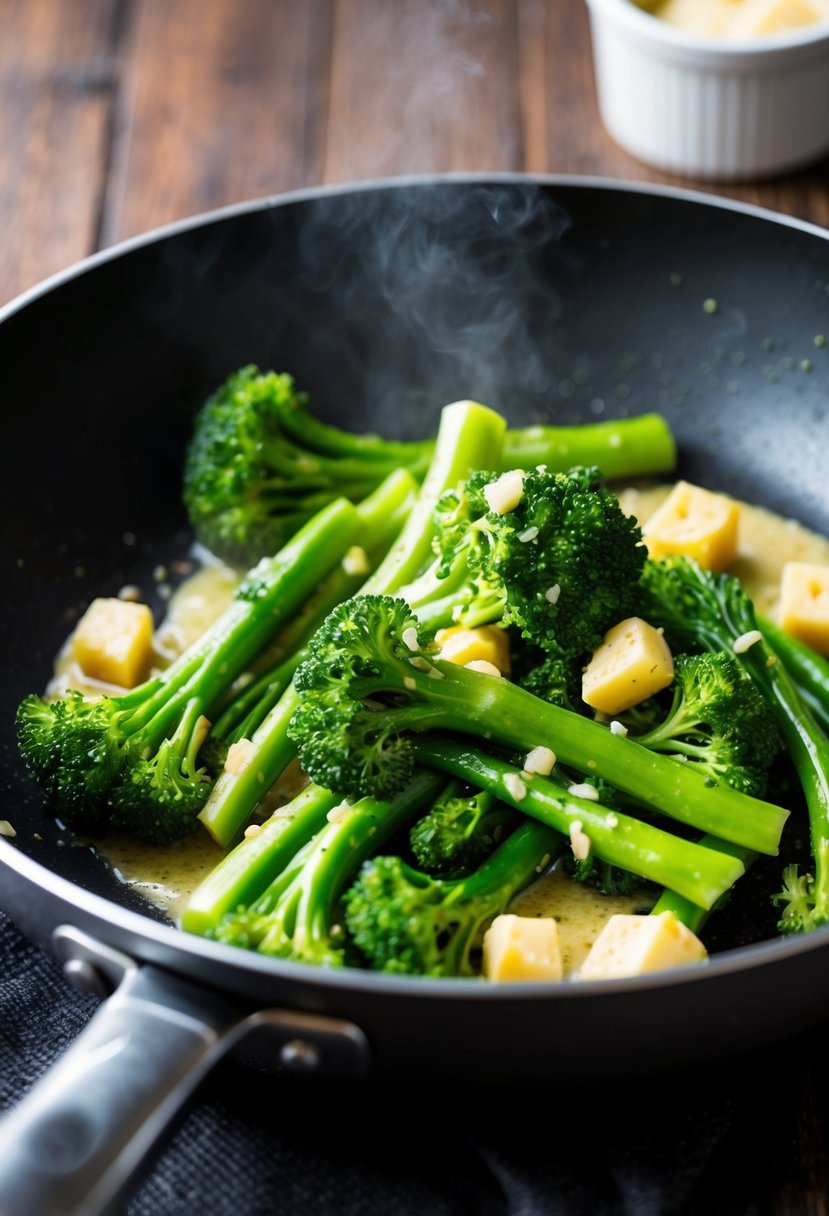 Fresh broccolini sautéed in garlic butter sauce, sizzling in a hot pan