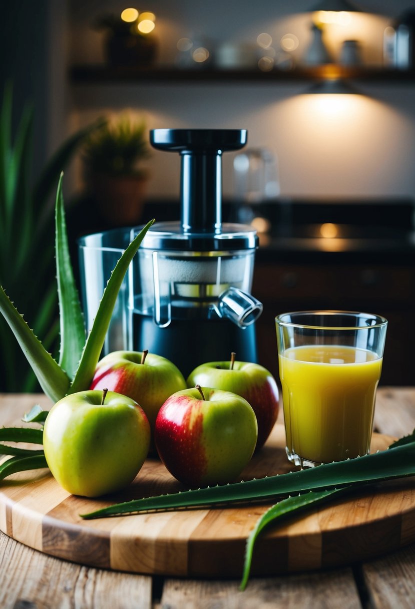 Fresh apples and aloe vera leaves arranged on a wooden cutting board with a juicer and glass