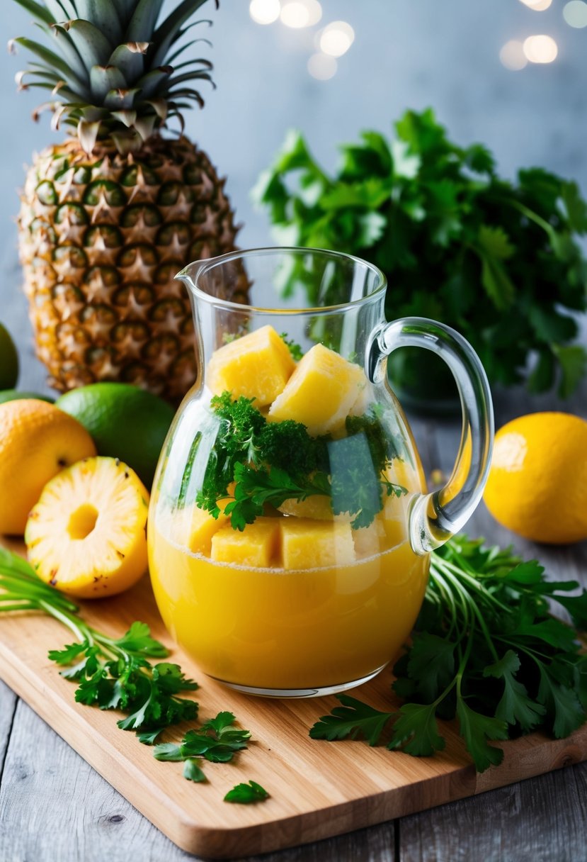 A glass pitcher filled with freshly juiced pineapple and parsley, surrounded by whole fruits and herbs on a wooden cutting board