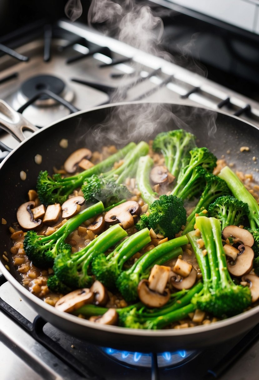 A sizzling pan of broccolini and mushrooms cooking over high heat. Steam rises as the vegetables are tossed in a savory sauce