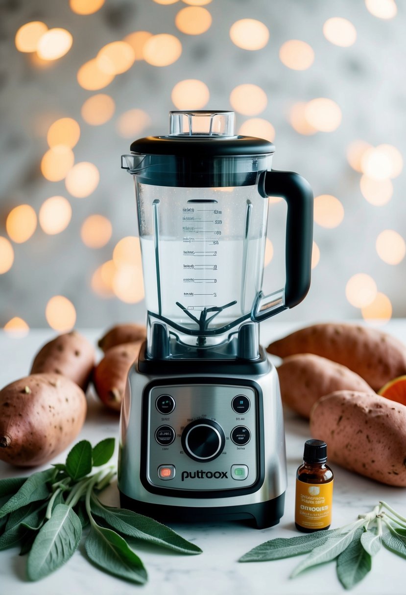 A blender surrounded by fresh sweet potatoes, sage leaves, and a bottle of skin-friendly ingredients