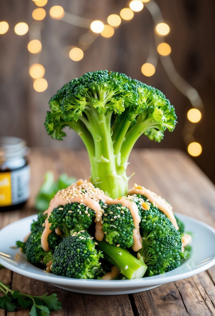 A vibrant pile of broccolini and sesame seeds with a keto slaw dressing