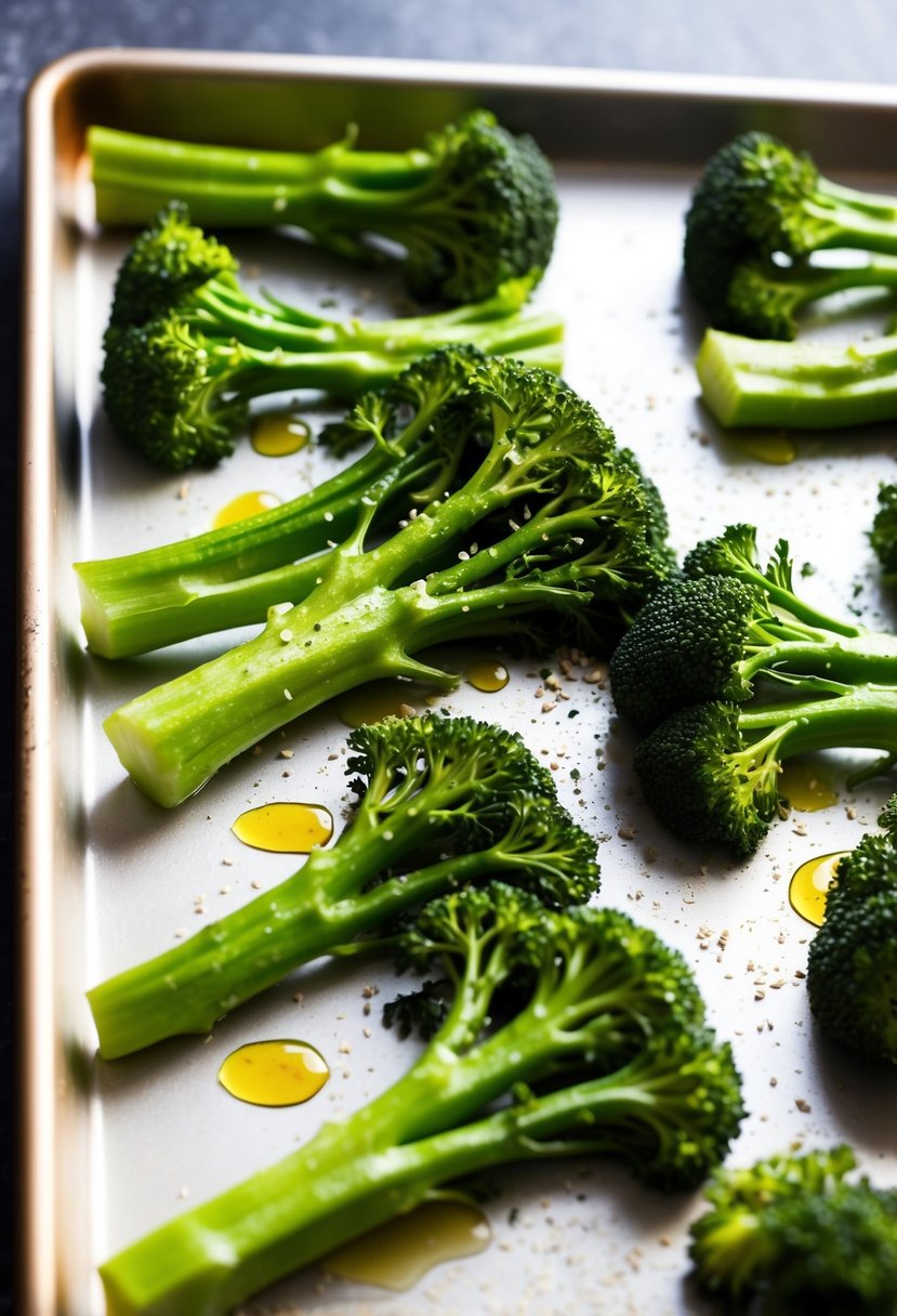 Fresh broccolini arranged on a baking sheet, drizzled with olive oil and sprinkled with seasoning, ready to be placed in the oven