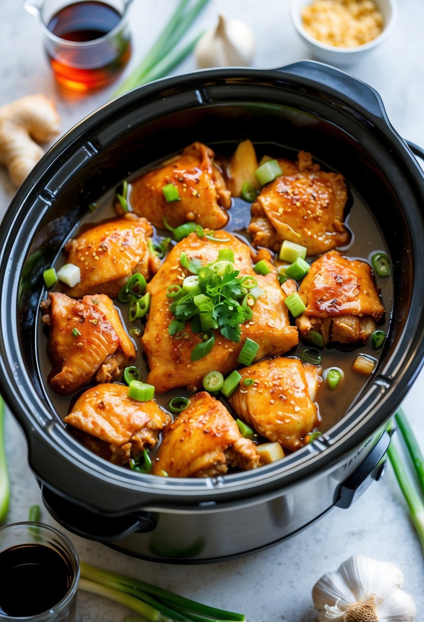 A crockpot filled with Korean chicken, surrounded by ingredients like soy sauce, ginger, garlic, and green onions