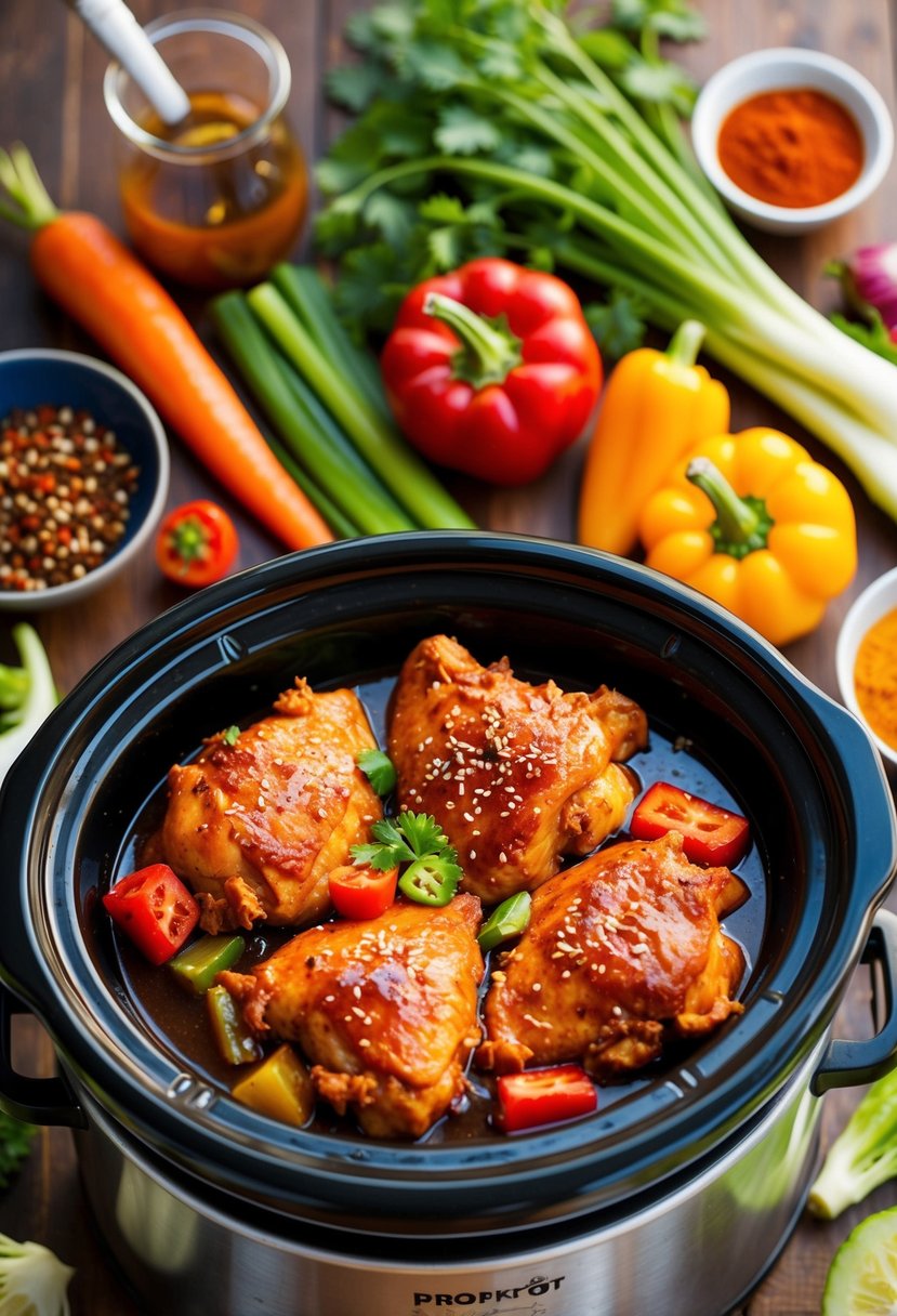 A sizzling crockpot filled with spicy Korean BBQ chicken surrounded by colorful vegetables and aromatic spices