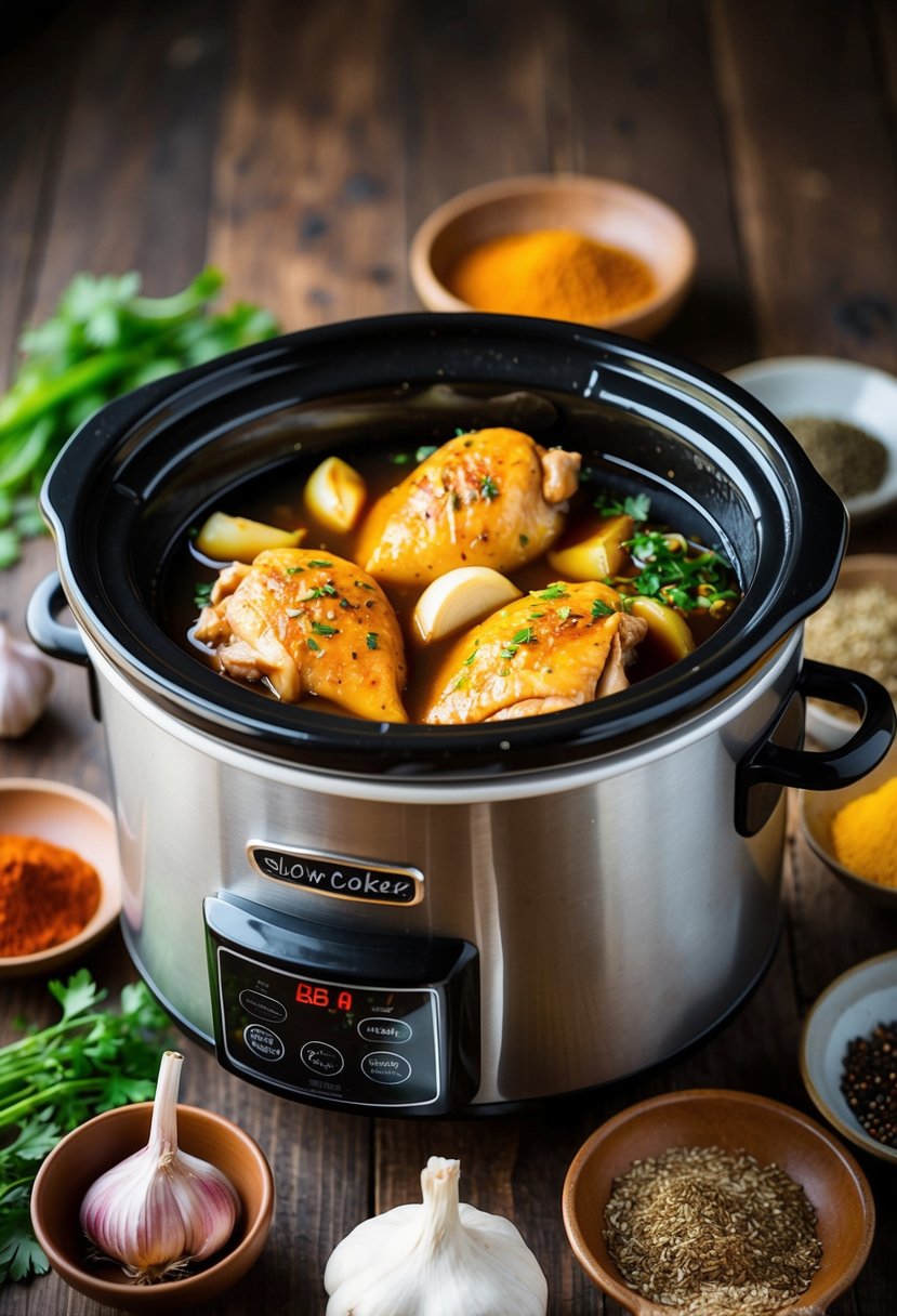 A slow cooker filled with marinated chicken, garlic cloves, and soy sauce, surrounded by vibrant Korean spices and herbs