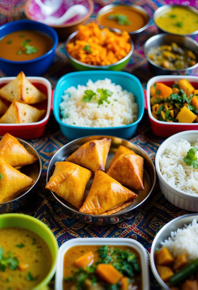 A colorful array of Indian lunch box recipes, including samosas, rice dishes, and vegetable curries, arranged on a traditional patterned cloth