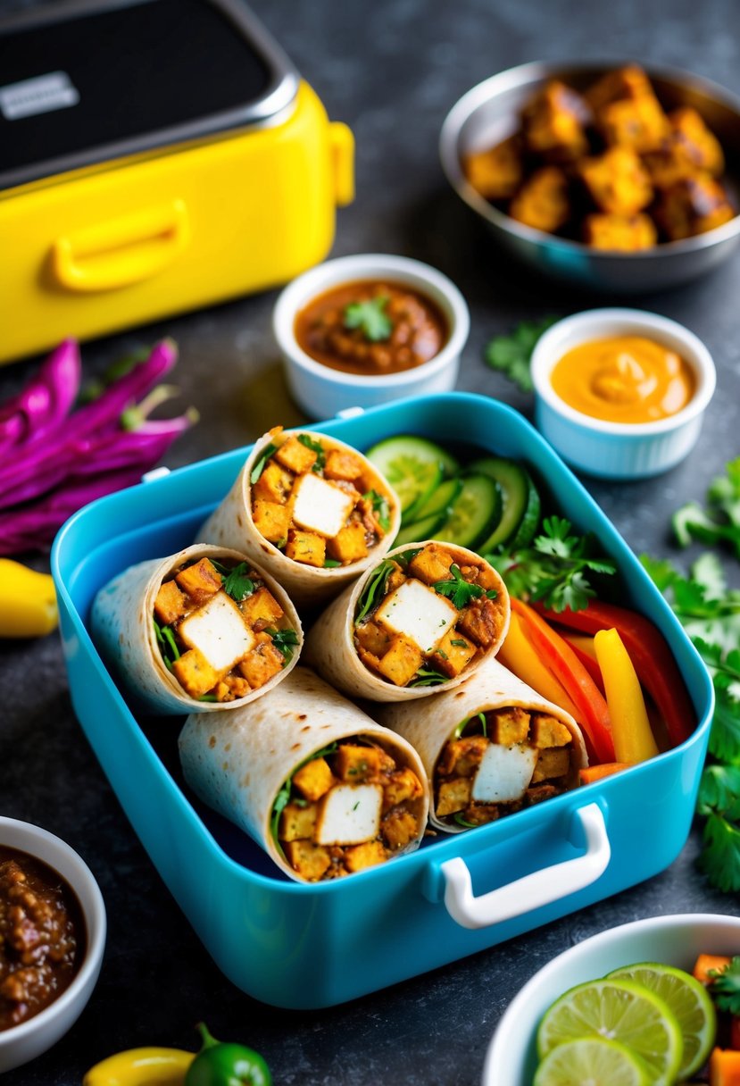 A colorful lunch box filled with Paneer Tikka wraps, accompanied by vibrant sides of chutney and fresh vegetables