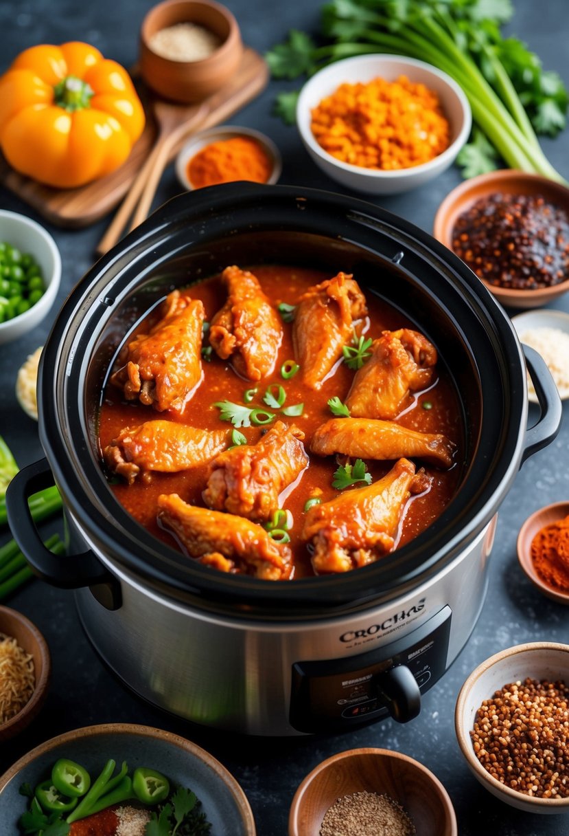 A crockpot filled with Gochujang Honey Wings simmering in a rich, red sauce, surrounded by vibrant Korean spices and ingredients