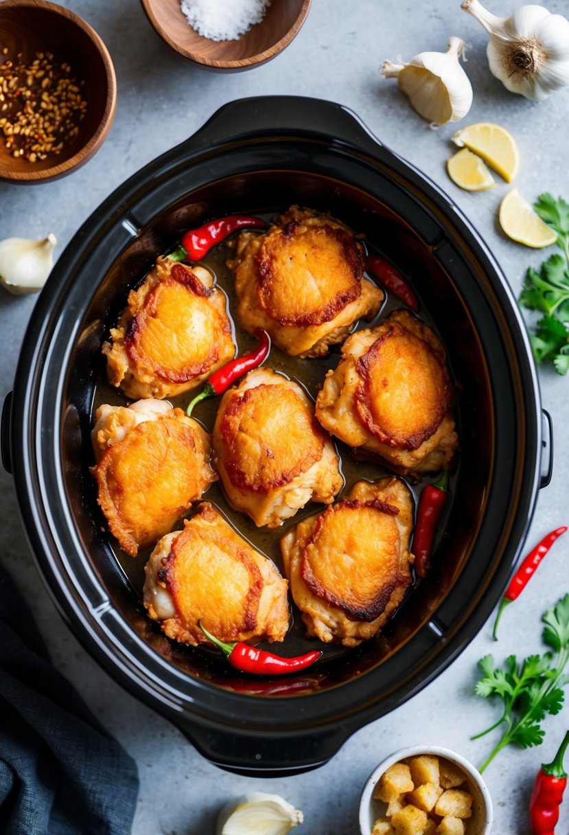 A crockpot filled with sizzling Korean fried chicken thighs, surrounded by vibrant ingredients like garlic, ginger, and chili peppers