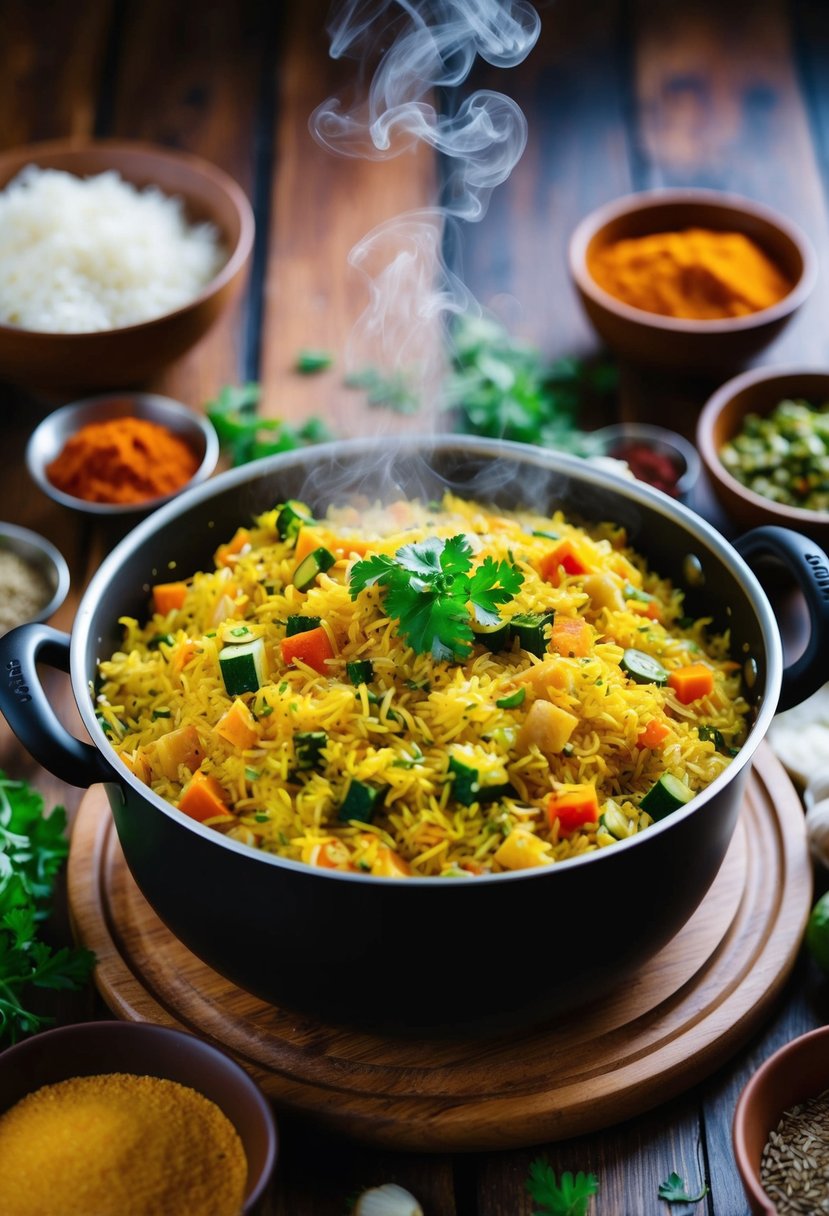 A steaming pot of vegetable pulao surrounded by colorful spices and ingredients on a wooden table