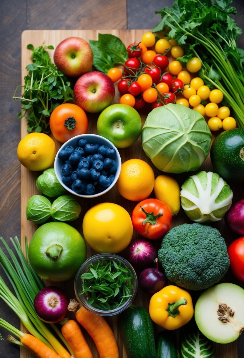 A colorful array of fresh fruits, vegetables, and plant-based ingredients laid out on a wooden cutting board