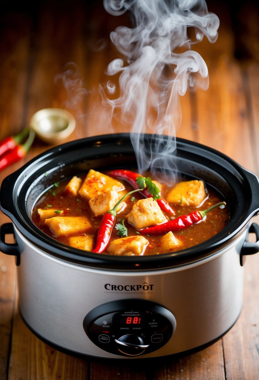 A bubbling crockpot filled with spicy Dakdoritang, steam rising. Red chili peppers and chunks of chicken visible in the rich, flavorful broth