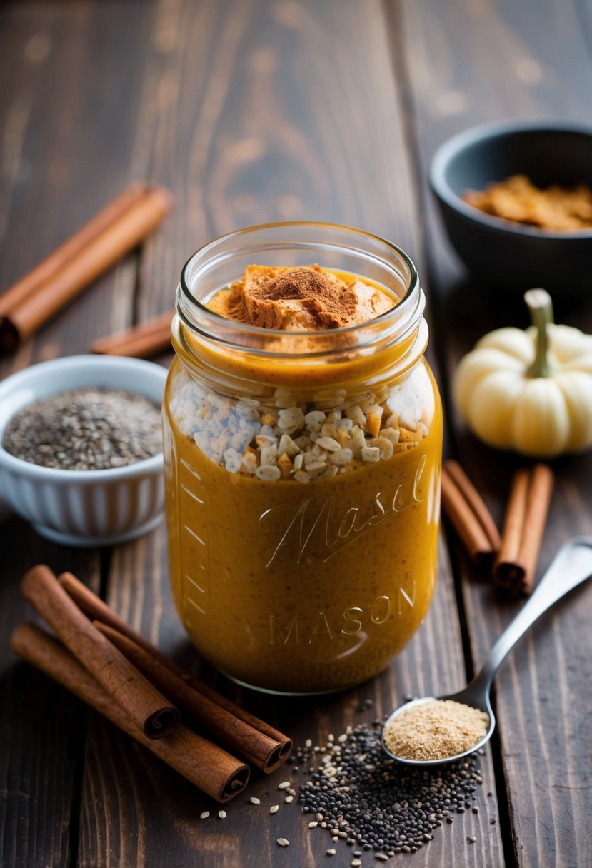 A mason jar filled with pumpkin spice overnight oats surrounded by cinnamon sticks, nutmeg, and a sprinkle of chia seeds on a wooden table