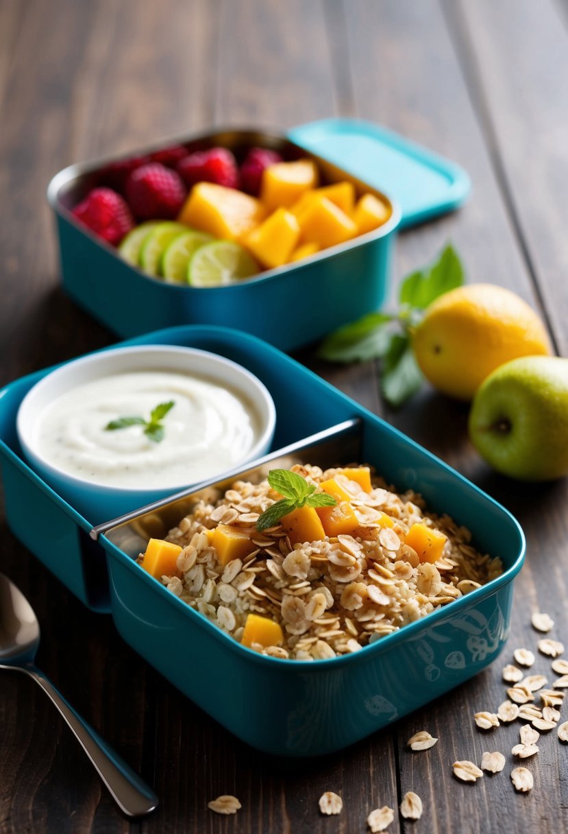 A lunch box filled with Masala Oats, accompanied by a side of yogurt and fresh fruits