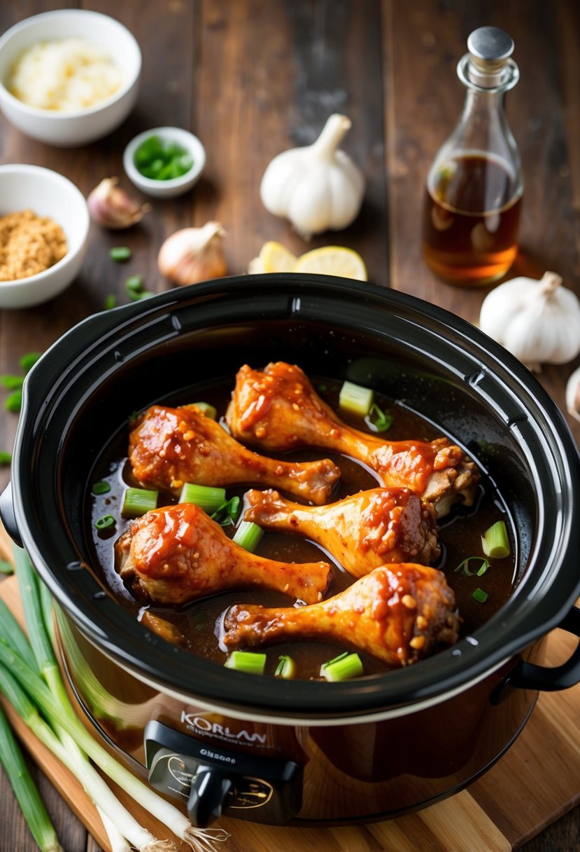 Drumsticks simmer in a slow cooker with Korean BBQ sauce, surrounded by garlic, ginger, and green onions. A tantalizing aroma fills the kitchen