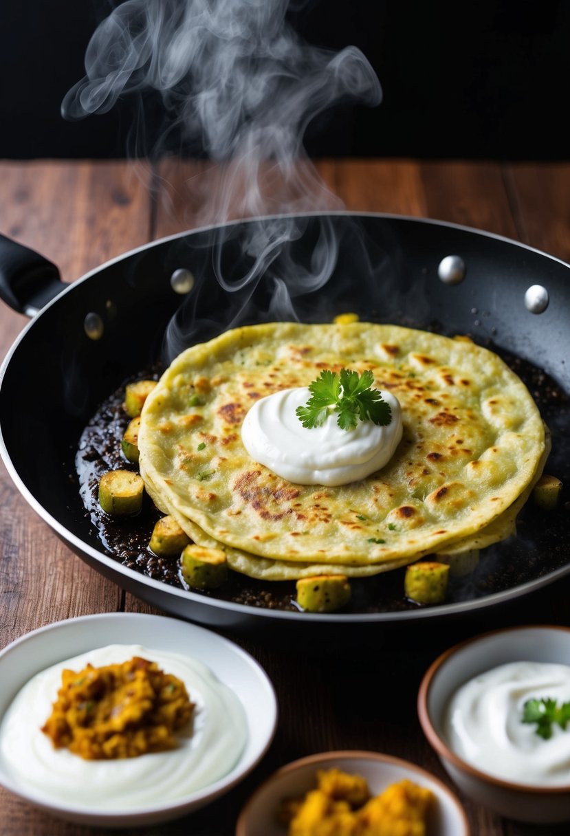 Aloo Paratha being cooked on a sizzling hot pan, steam rising, with a side of fresh yogurt and a dollop of spicy pickle