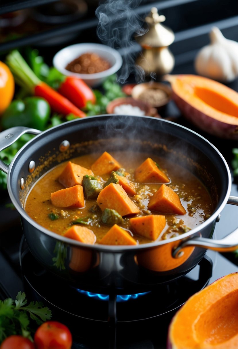 A steaming pot of sweet potato curry simmering on a stove, surrounded by vibrant vegetables and aromatic spices