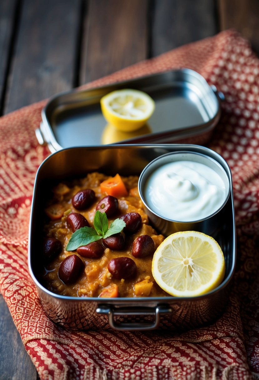 A lunch box with rajma chawal, accompanied by a side of yogurt and a slice of lemon, sits on a patterned cloth