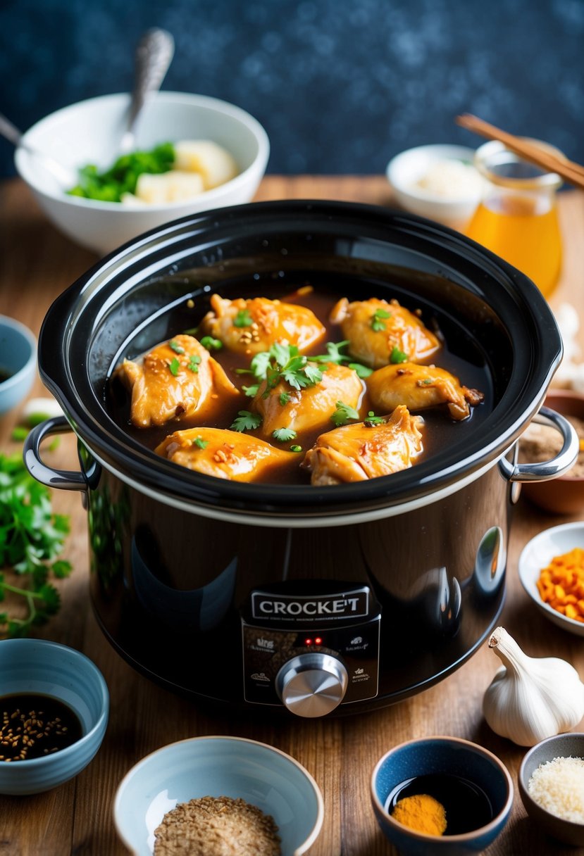 A crockpot filled with simmering soy sauce and garlic chicken, surrounded by Korean spices and ingredients