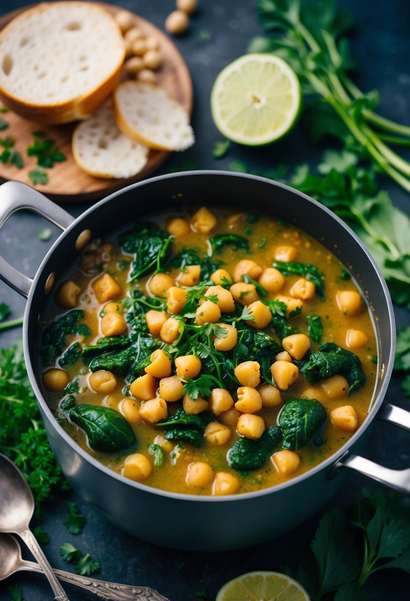 A bubbling pot of chickpea and spinach stew surrounded by fresh ingredients and herbs, evoking the warmth and comfort of a hearty vegan meal