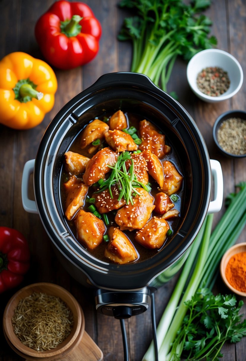 A bubbling crockpot filled with Korean-style teriyaki chicken, surrounded by vibrant vegetables and aromatic spices