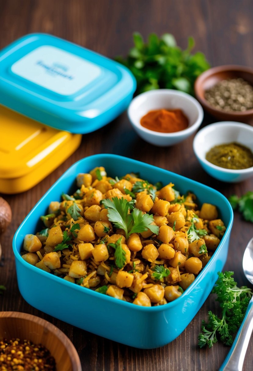 A colorful lunch box filled with chickpea salad, accompanied by traditional Indian spices and herbs