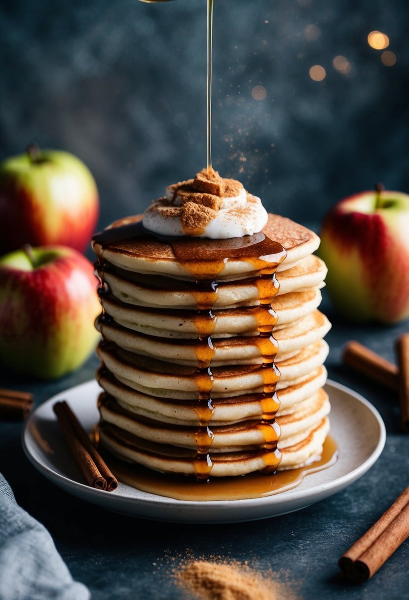 A stack of apple cinnamon pancakes topped with syrup and a sprinkle of cinnamon, surrounded by fresh apples and cinnamon sticks