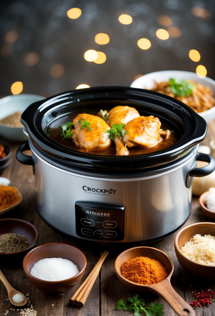 A crockpot filled with ginger soy braised chicken, surrounded by Korean spices and ingredients