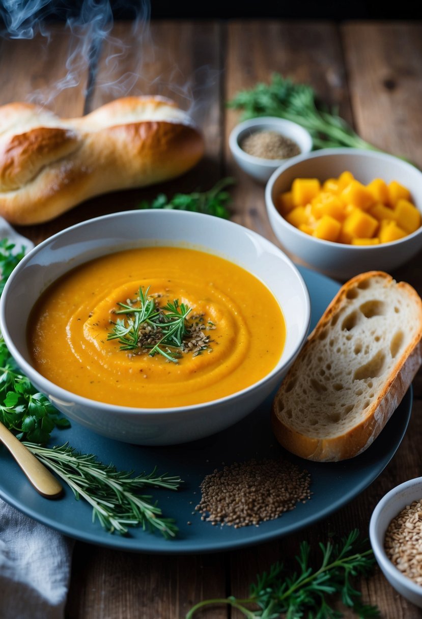 A steaming bowl of butternut squash soup surrounded by fresh herbs and spices, with a loaf of crusty bread on the side