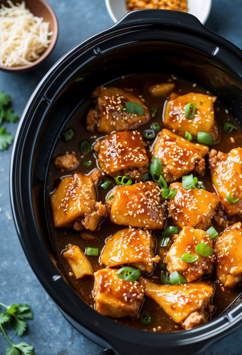 A crockpot filled with honey sesame Korean chicken simmering in a flavorful sauce