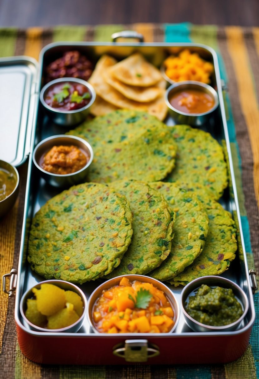 A colorful array of Methi Thepla, accompanied by small bowls of chutney and pickles, arranged on a traditional Indian lunch box