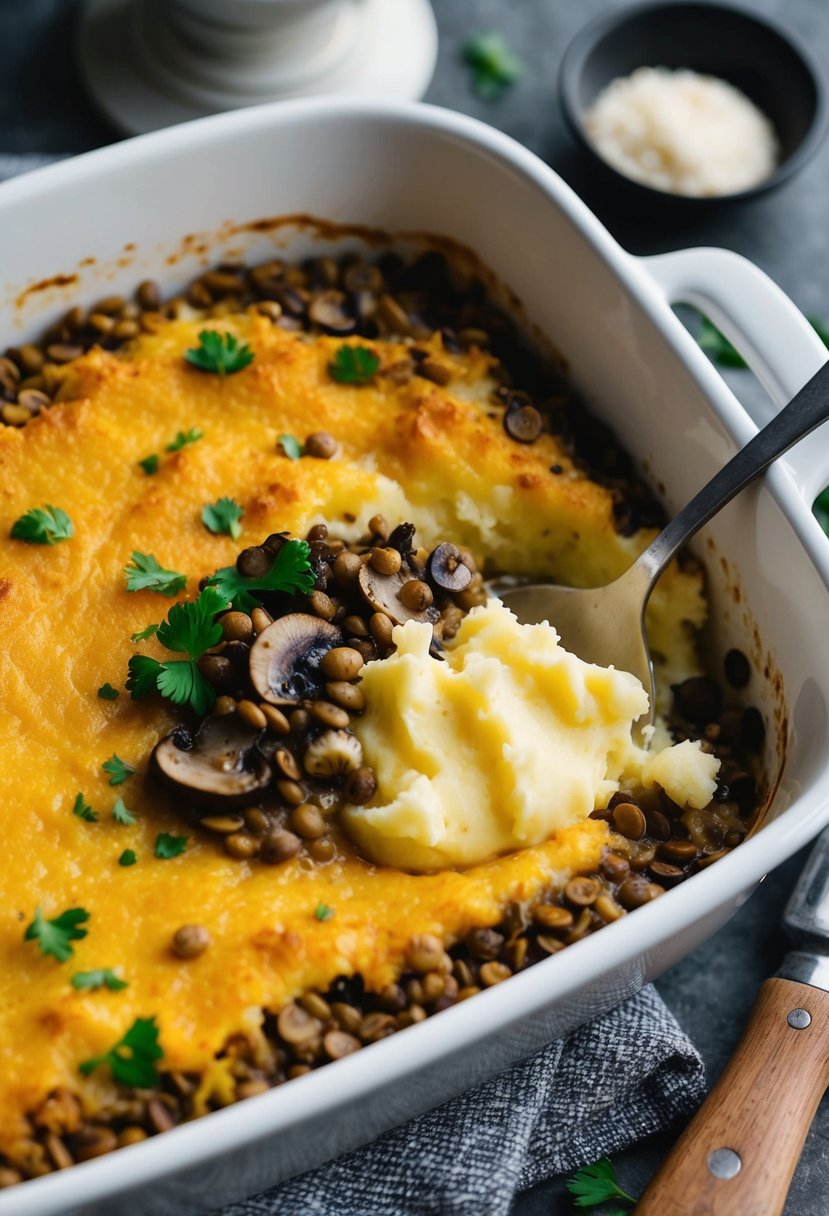 A bubbling lentil and mushroom filling surrounded by a golden layer of mashed potatoes in a baking dish