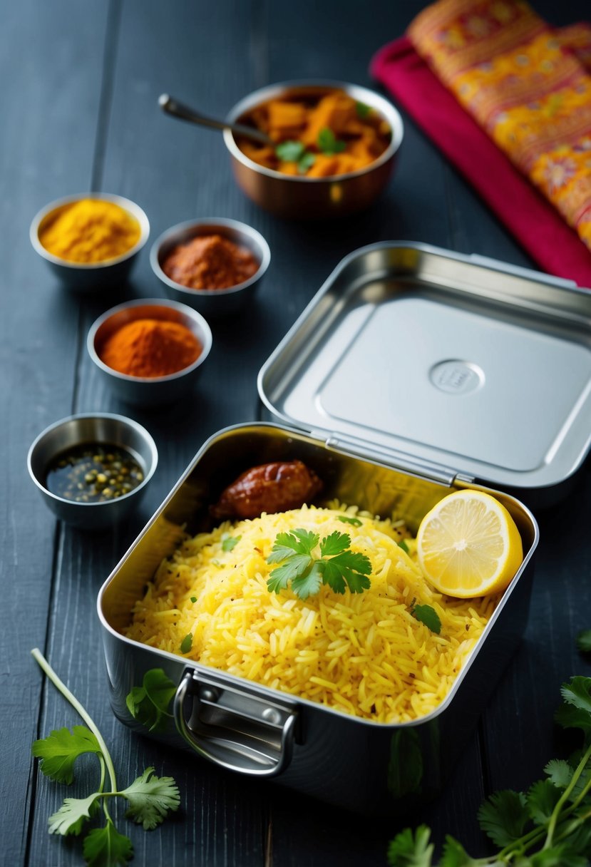 A lunch box filled with lemon rice, accompanied by traditional Indian spices and condiments