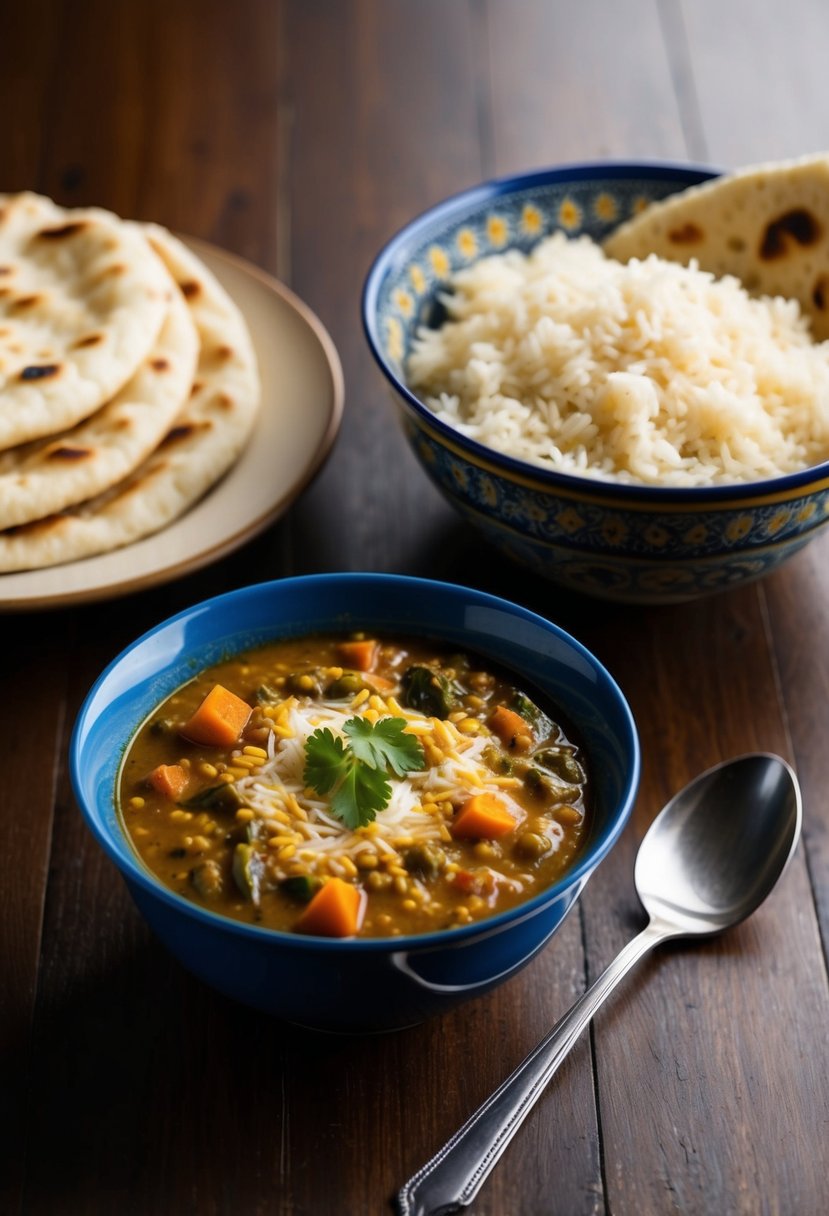 A steaming bowl of dal tadka sits next to a mound of fluffy basmati rice, accompanied by a side of fresh naan bread