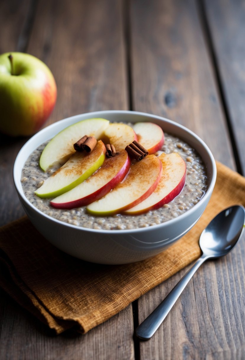 A bowl of caramelized apple chia pudding topped with sliced apples and cinnamon, set on a wooden table with a spoon beside it