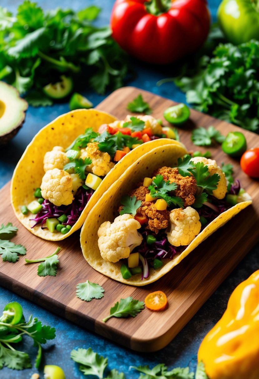 A colorful array of spiced cauliflower taco ingredients on a wooden cutting board, surrounded by vibrant vegetables and herbs