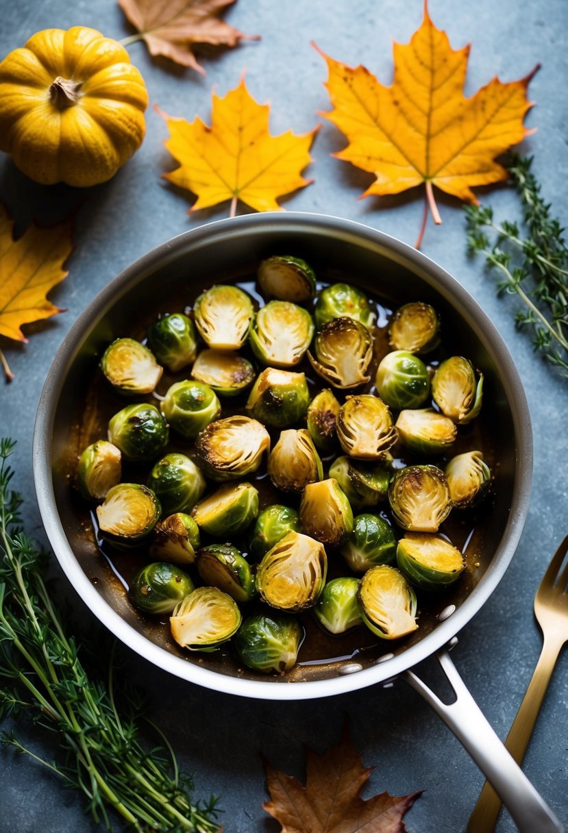 A sizzling pan of roasted Brussels sprouts coated in a glossy maple glaze, surrounded by fresh herbs and autumn leaves