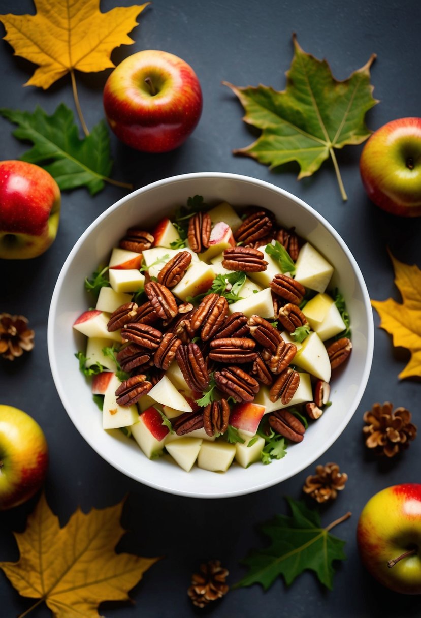 A bowl of pecan apple salad surrounded by autumn leaves and seasonal fruits