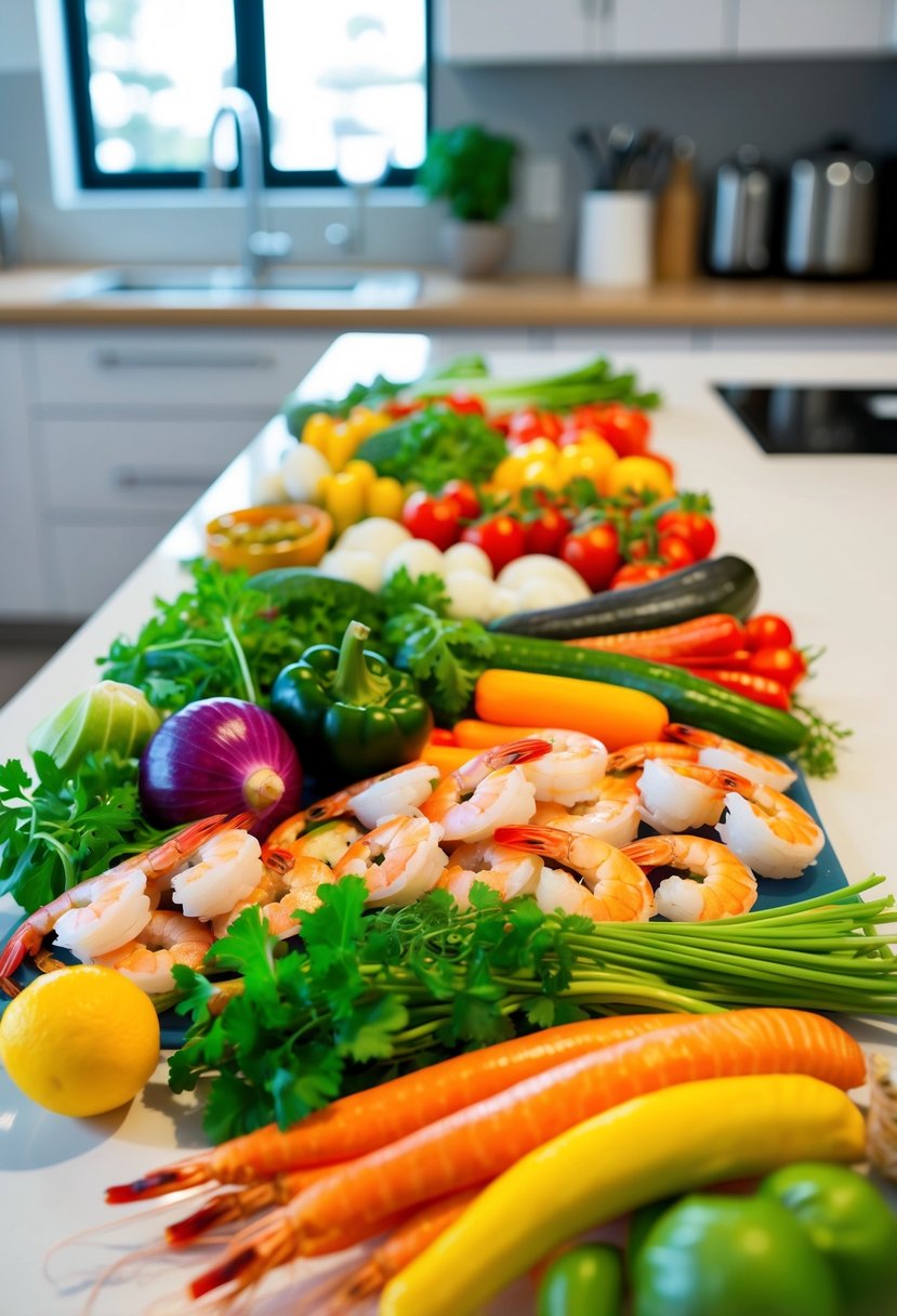 A colorful array of fresh shrimp, vibrant vegetables, and herbs arranged on a clean, modern kitchen counter