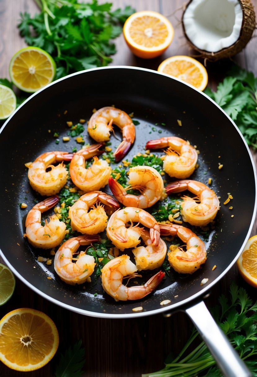 Golden coconut shrimp sizzling in a pan, surrounded by fresh herbs and citrus fruits