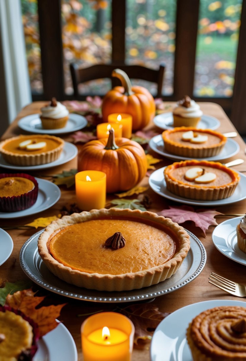 A table set with an assortment of elegant fall desserts, including pumpkin pie, apple tarts, and spiced cupcakes, surrounded by autumn leaves and candles