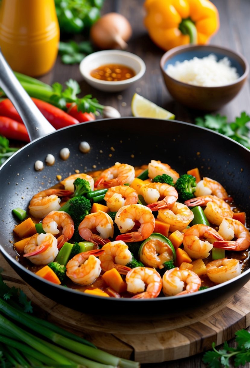 A sizzling stir-fry pan filled with colorful shrimp, vegetables, and spicy sauce, surrounded by fresh ingredients and cooking utensils