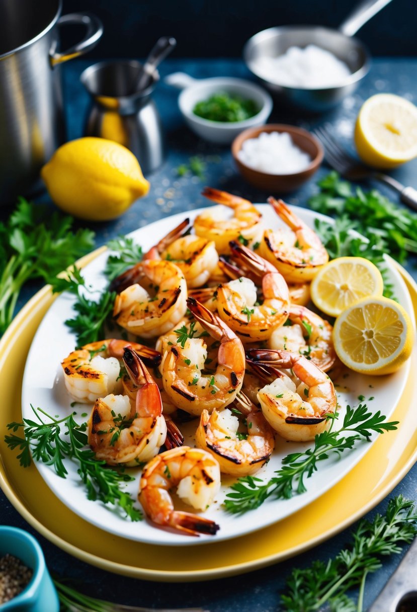 A platter of grilled shrimp with lemon and herbs, surrounded by fresh ingredients and cooking utensils