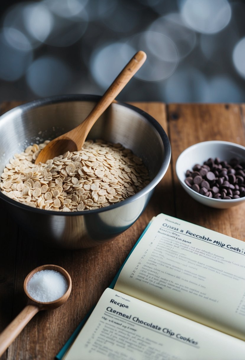 A mixing bowl with oats, chocolate chips, and a wooden spoon. A recipe book open to a page with instructions for oatmeal chocolate chip cookies