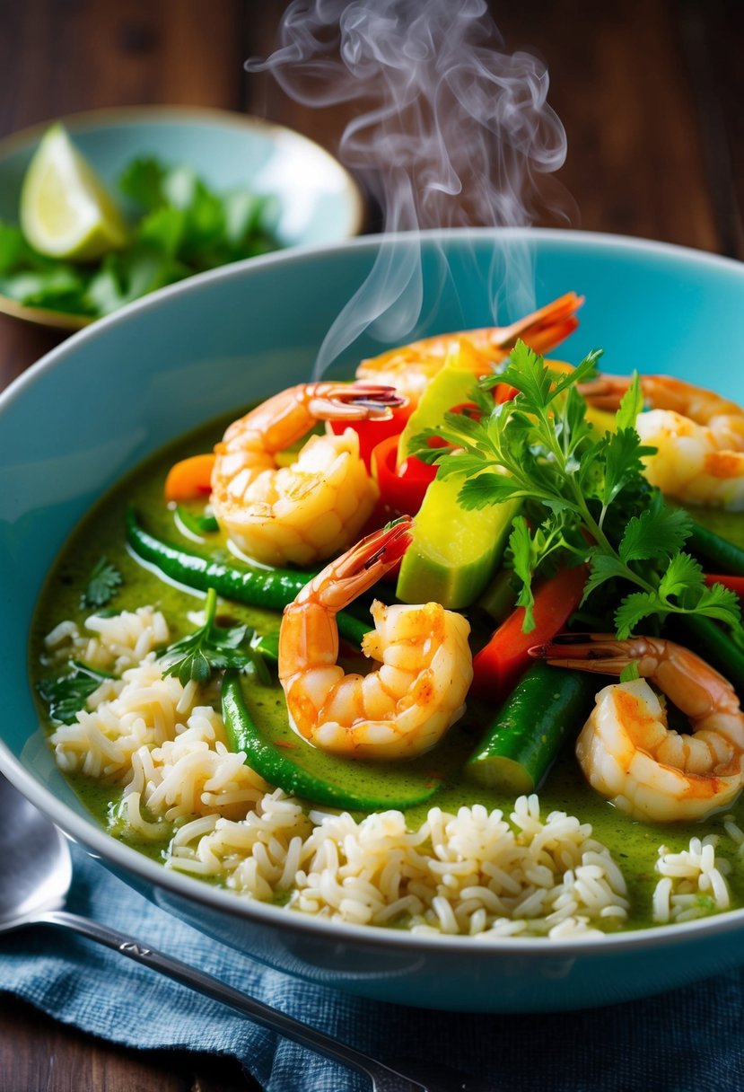 A steaming bowl of Thai green curry shrimp with colorful vegetables and aromatic herbs, served over a bed of fluffy jasmine rice