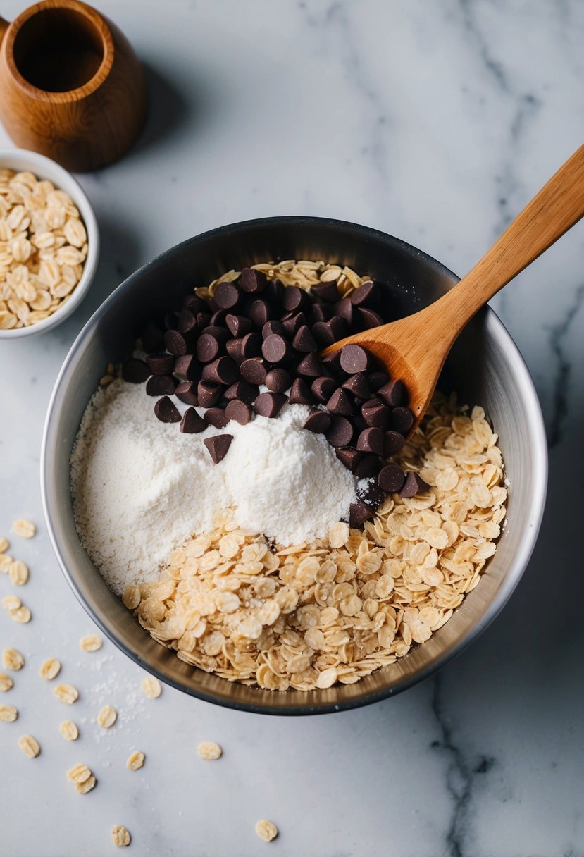 A mixing bowl filled with oats, chocolate chips, and flour. A wooden spoon stirs the ingredients together