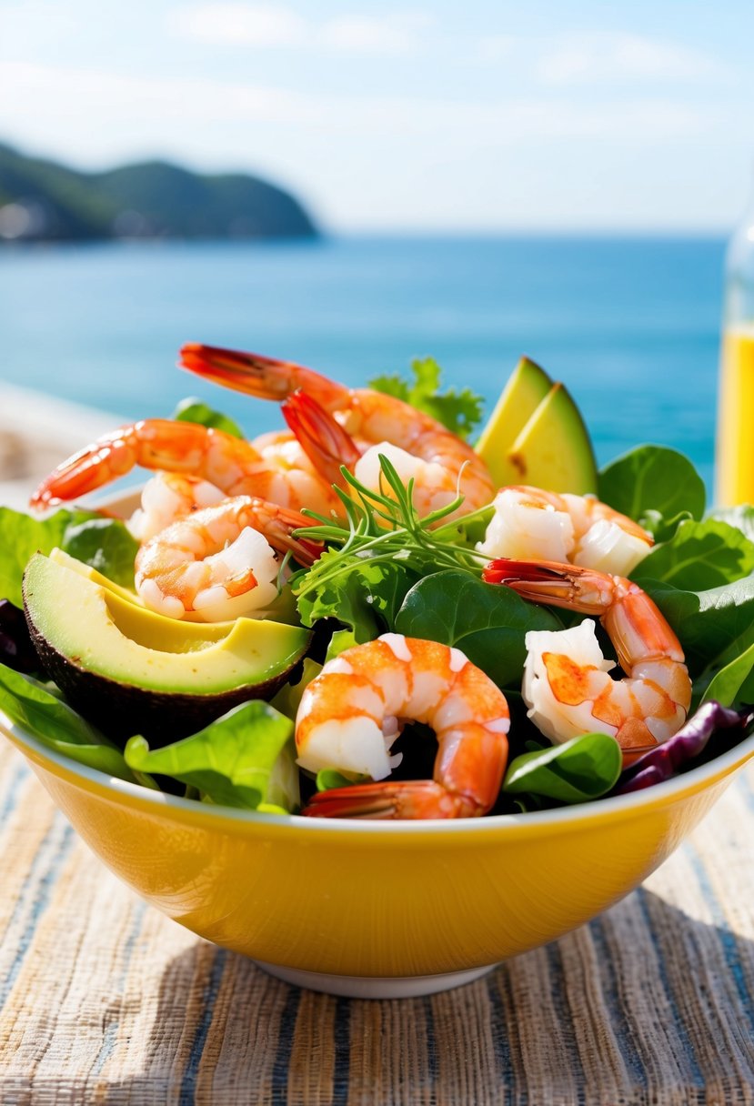 A colorful salad bowl filled with fresh shrimp, ripe avocado, and vibrant greens, set against a backdrop of a sunny, coastal setting