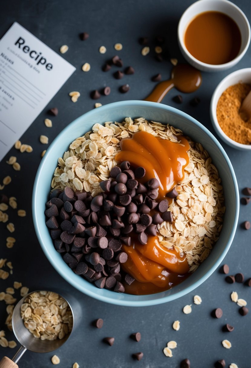 A mixing bowl filled with oats, chocolate chips, and caramel sauce, surrounded by scattered ingredients and a recipe card